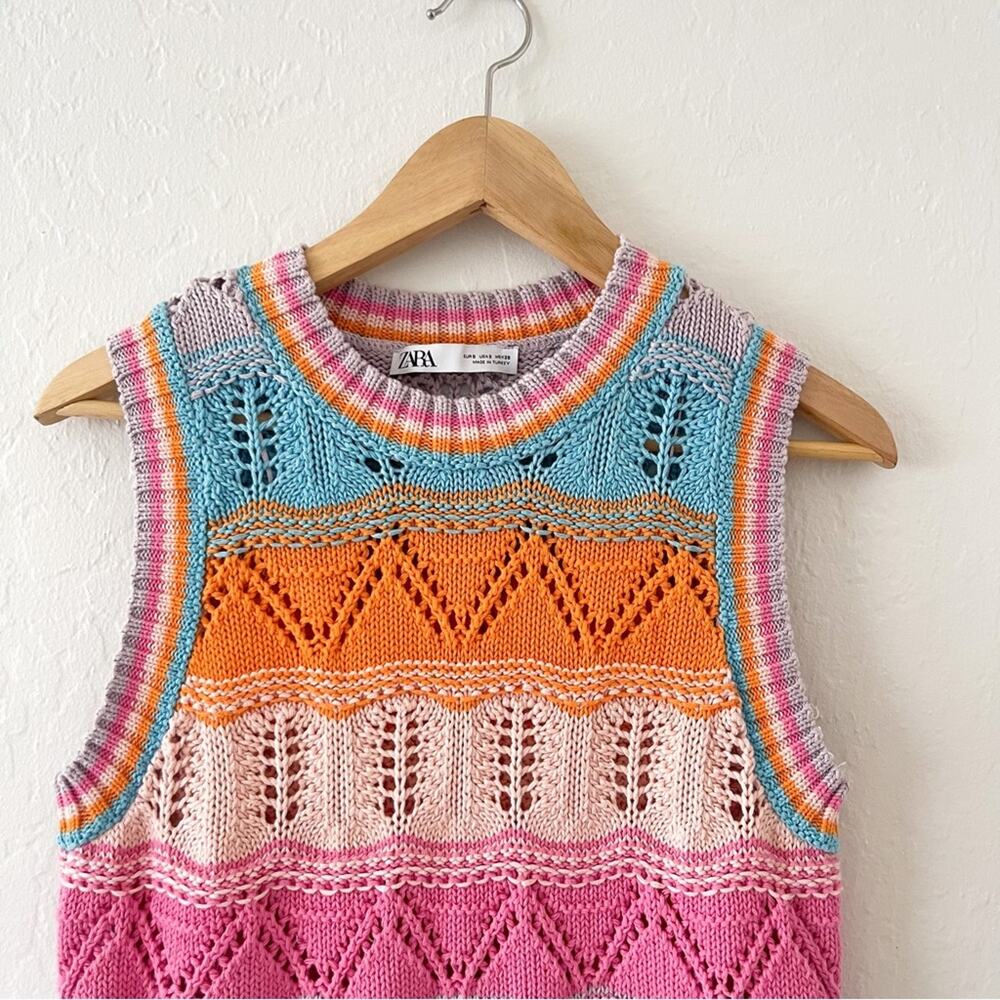 Zara | Multicolor Stripe Crochet Open Knit Cropped Sleeveless Top - Picture 4 of 7